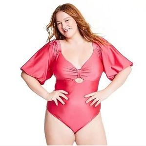 Metallic Puff Sleeve Cut Out One Piece Swimsuit - Fe Noel x Target